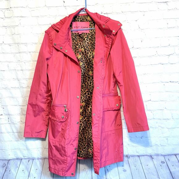 Betsey Johnson Pink Raincoat Anorak Jacket Hooded Drawstring Zip Cinched Waist - Picture 3 of 13